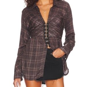 Free People We The Free Catalynn Remade Shirt in Black Brown Plaid Combo Large
